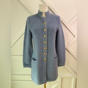 Mirabell Salzburg 100% Wool Light Blue Long Cardigan Coat Gold Buttons Size 6